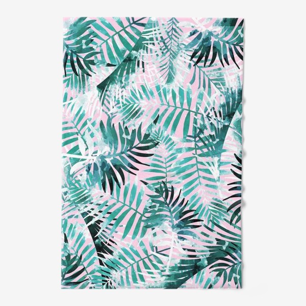 Полотенце «Листья тропической пальмы голубые на розовом фоне»