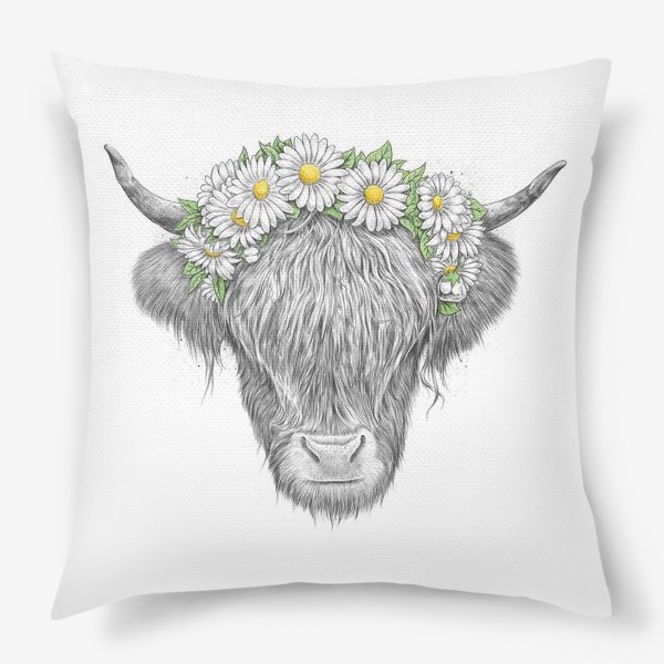 Подушка «Шотландская корова с ромашками»