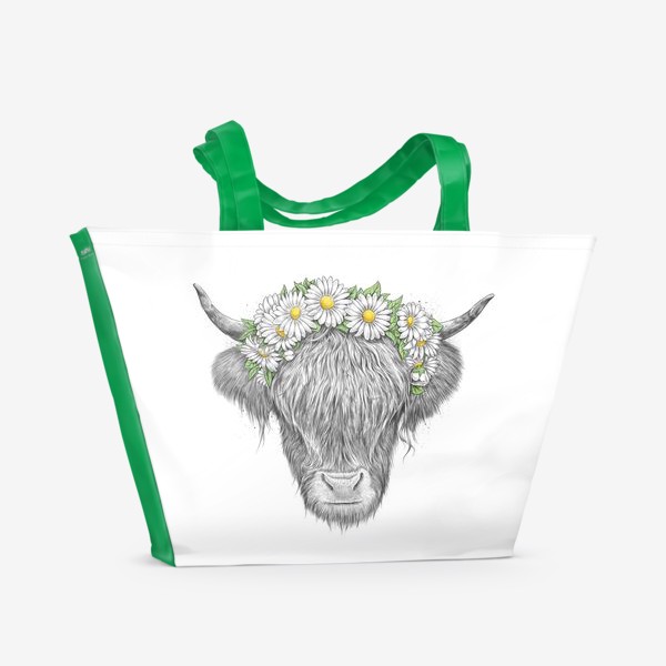 Пляжная сумка &laquo;Шотландская корова с ромашками&raquo;