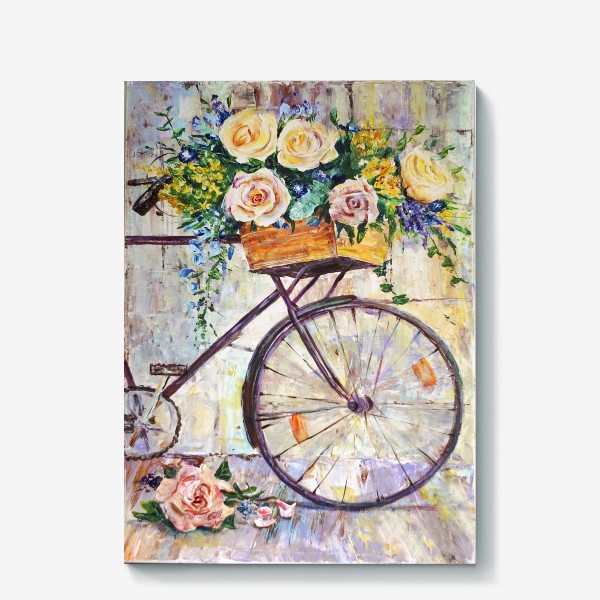 Холст «Написанный акрилом велосипед с огромной корзиной цветов, розы и полевые цветы»