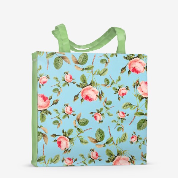 Сумка-шоппер «Розы розовые на голубом фоне рисунки цветов»