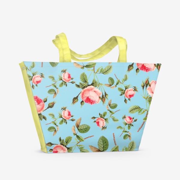 Пляжная сумка «Розы розовые на голубом фоне рисунки цветов»