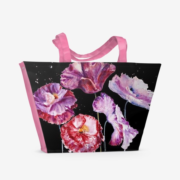 Пляжная сумка «Акварельные нежные фиолетовые и красные Маки на черном фоне»