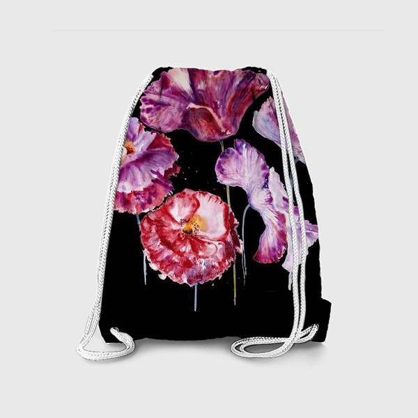 Рюкзак «Акварельные нежные фиолетовые и красные Маки на черном фоне»