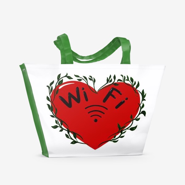 Пляжная сумка «Красное сердце. Вай Фай. WI FI . В лучах Wi Fi. Излучая любовь»