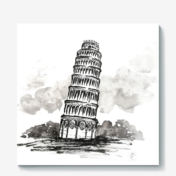 Холст «Пизанская башня. Черно-белая иллюстрация »