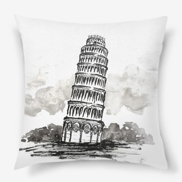 Подушка &laquo;Пизанская башня. Черно-белая иллюстрация &raquo;
