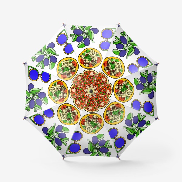 Зонт «Итальянские мотивы, еда и символы Италии. Гондольер, мороженое, равиоли, паста, пицца, оливки, очки.»