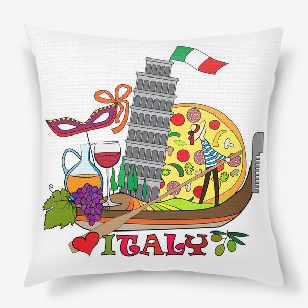 Подушка «Итальянская Раскраска. Гондола, везущая на себе символы Италии. Раскраска»