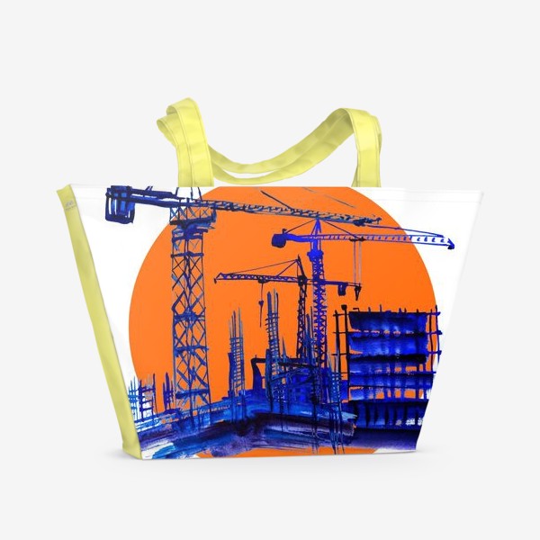 Пляжная сумка «Акварель в синих тонах, изображающая стройку и подьемные краны к Дню строителя»