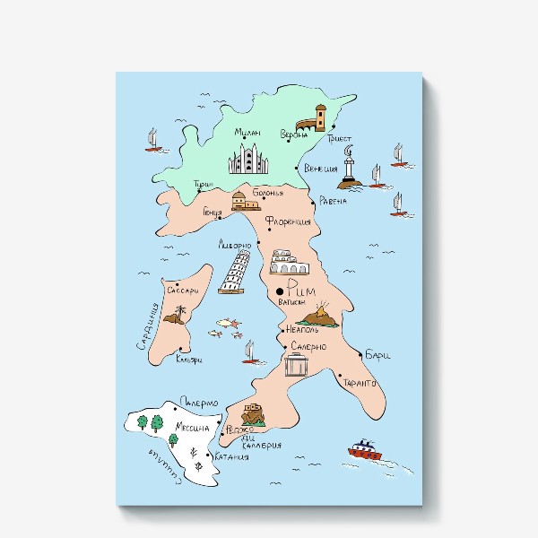 Холст «Карта Италии. Достопримечательности»