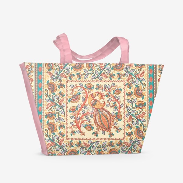 Пляжная сумка «Павлин и ветки с цветами. Индийский стиль. Каламкари.»