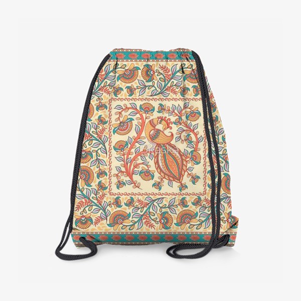 Рюкзак «Павлин и ветки с цветами. Индийский стиль. Каламкари.»