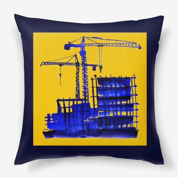 Подушка «Акварель в синих тонах, изображающая стройку и подьемные краны»
