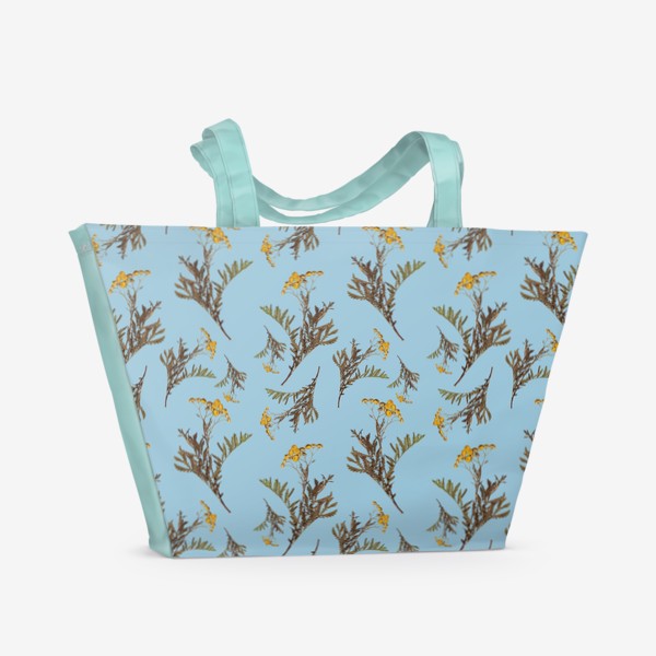 Пляжная сумка «Паттерн с настоящими сухими полевыми цветами на голубом фоне»