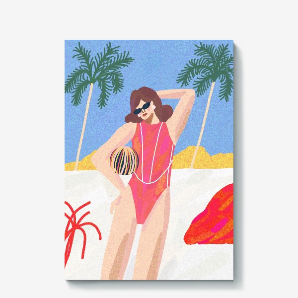 Холст &laquo;Девушка в розовом купальнике на пляже&raquo;