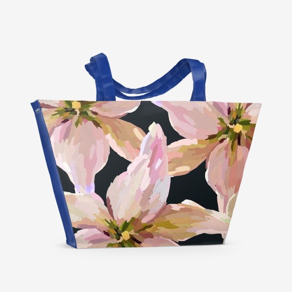 Пляжная сумка &laquo;Розовые лилии на темно-синем фоне&raquo;