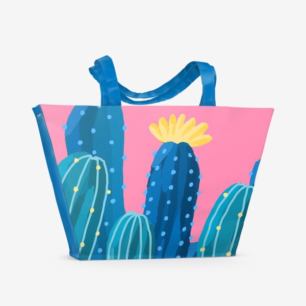 Пляжная сумка «Голубые и синие кактусы на розовом фоне»