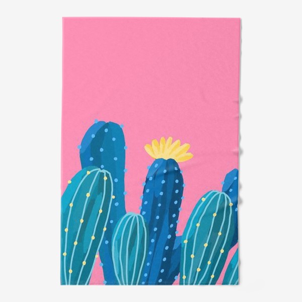 Полотенце «Голубые и синие кактусы на розовом фоне»