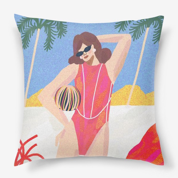Подушка &laquo;Девушка в розовом купальнике на пляже&raquo;