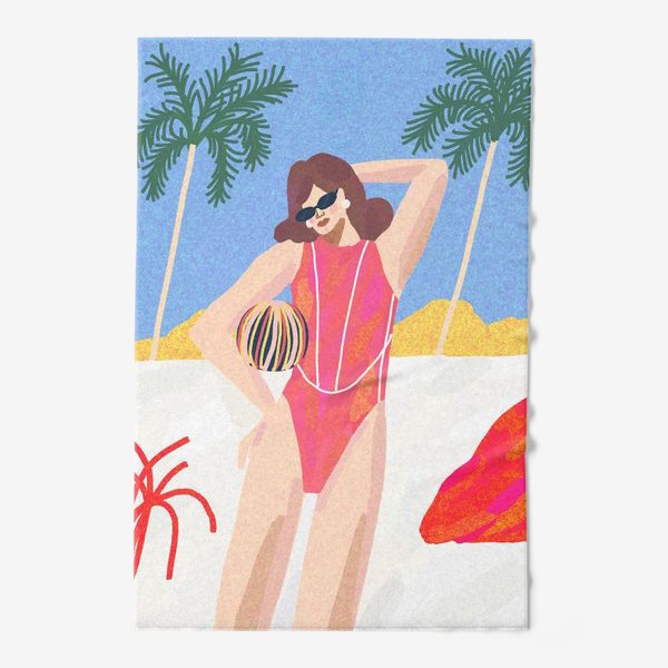 Полотенце &laquo;Девушка в розовом купальнике на пляже&raquo;