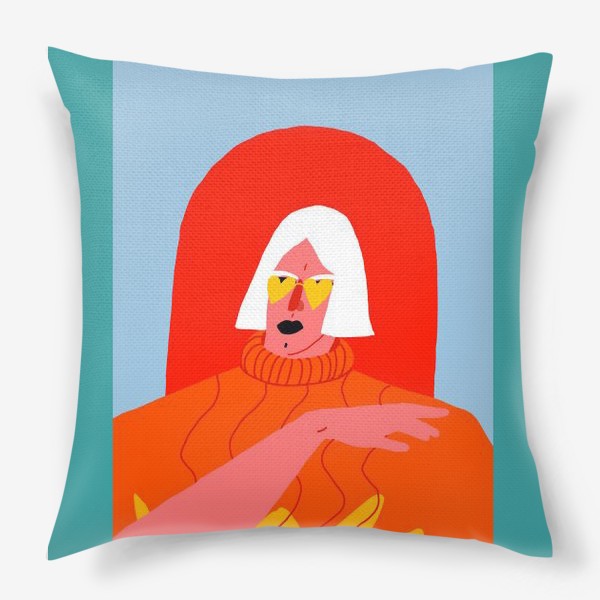 Подушка «Портрет девушки со светлыми волосами в ярком оранжевом свитере»