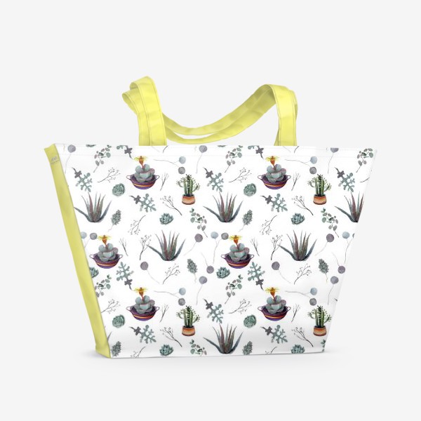Пляжная сумка «Акварельные суккуленты и цветущие кактусы.»