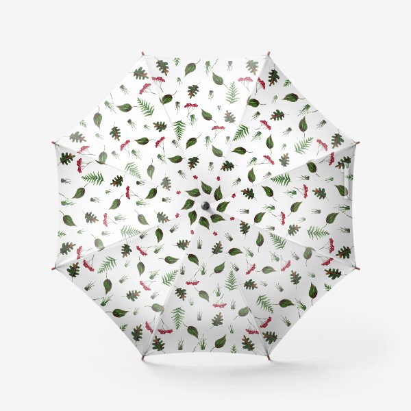 Зонт «Листья, рябина, трава на белом фоне.»