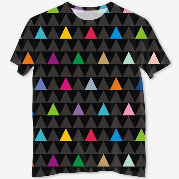 Футболка с полной запечаткой «Цветные треугольники на черном фоне»