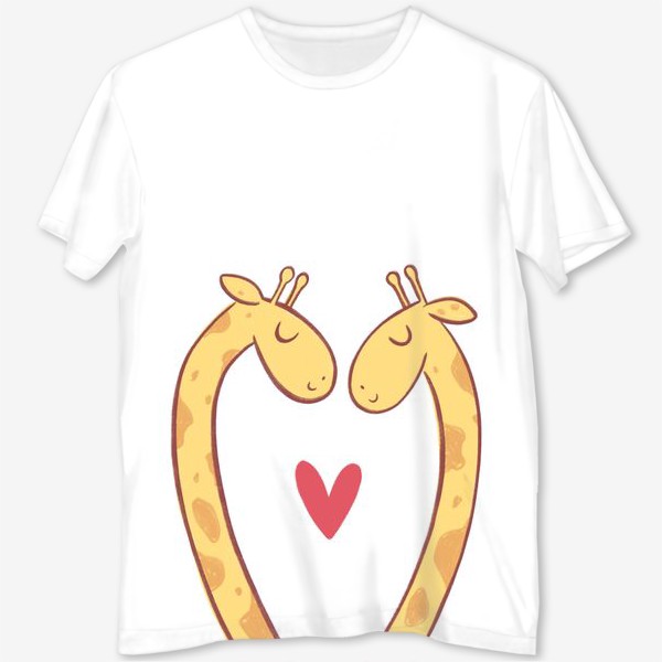 Футболка с полной запечаткой «Влюбленные жирафы с сердечком на белом фоне»