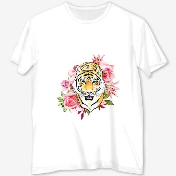 Футболка с полной запечаткой «Тигр и розовые розы акварель»