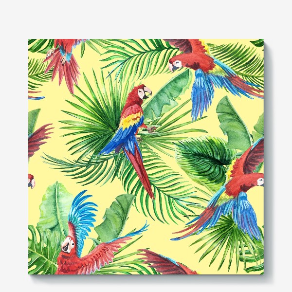 Холст «Тропические листья и попугаи»