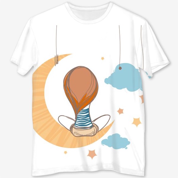 Футболка с полной запечаткой «Девушка на луне. Луна, звезды, облака»