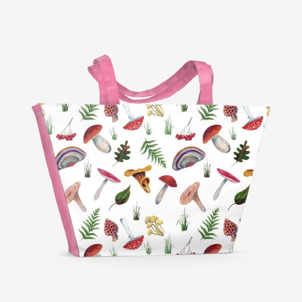Пляжная сумка «Грибы, листья, рябина, трава на белом фоне.»