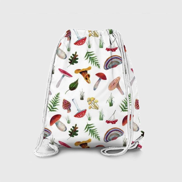 Рюкзак «Грибы, листья, рябина, трава на белом фоне.»