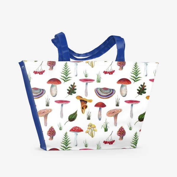 Пляжная сумка «Грибы, листья, рябина, трава на белом фоне.»