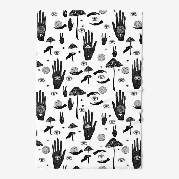 Полотенце «Руки, глаза, луна, грибы черно-белый паттерн»