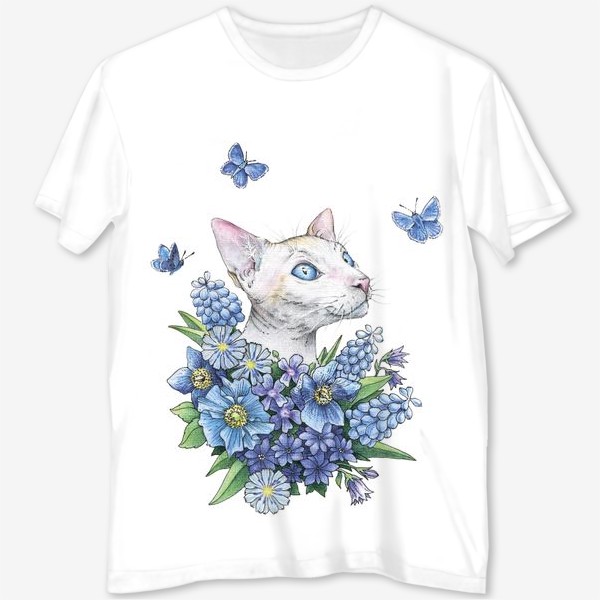 Футболка с полной запечаткой «Кот Сфинкс в цветах с бабочками (кот, кошка, сфинкс, цветы, бабочки)»