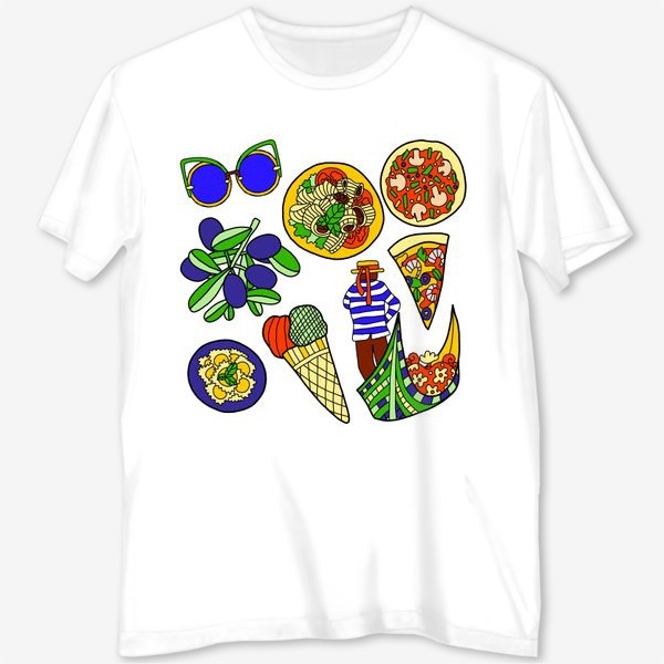 Футболка с полной запечаткой &laquo;Итальянские мотивы, еда и символы Италии. Гондольер, мороженое, равиоли, паста, пицца, оливки, очки.&raquo;