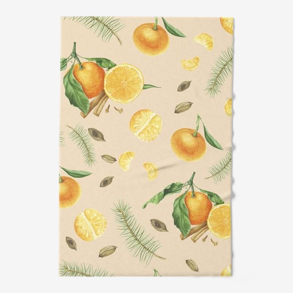 Полотенце «Новогодний принт с мандаринами на бежевом фоне»