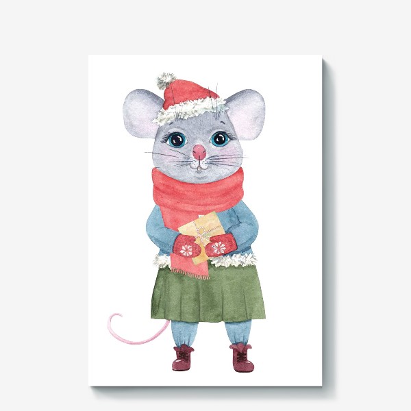Холст «Мышка в зимней одежде и новогодней шапке, с подарком. Акварельный мультяшный рождественский принт.»