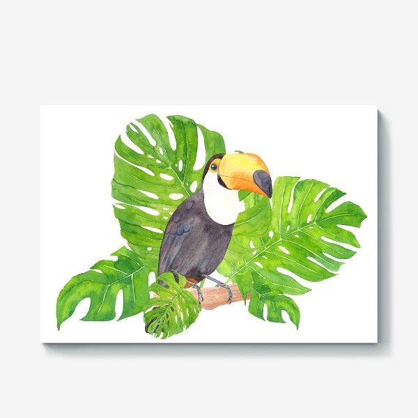 Холст &laquo;Птица тукан среди листьев монстеры. Тропический акварельный летний принт с попугаем на белом фоне&raquo;