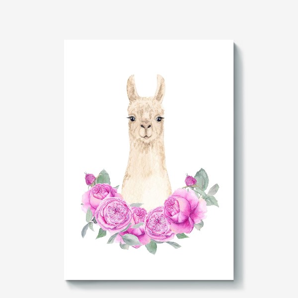 Холст «Лама (альпака) с розовыми розами, лето, акварельный портрет животного на белом фоне»