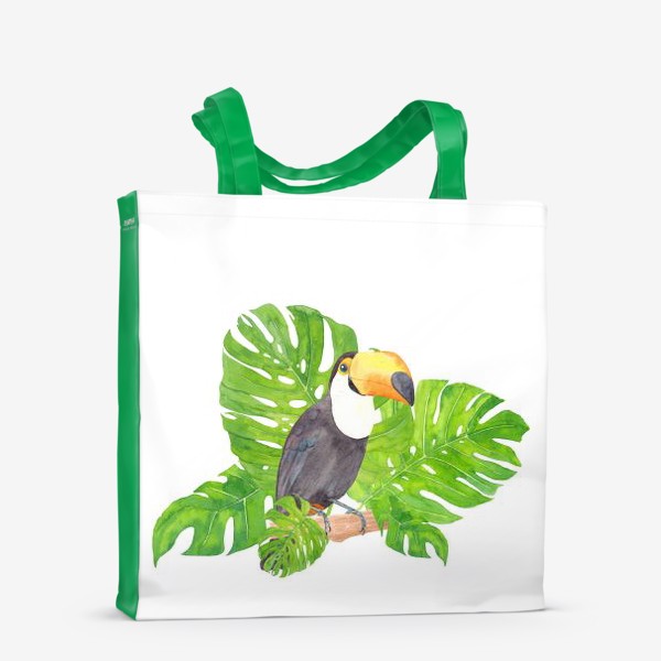 Сумка-шоппер «Птица тукан среди листьев монстеры. Тропический акварельный летний принт с попугаем на белом фоне»