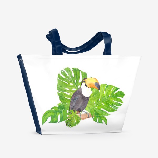 Пляжная сумка &laquo;Птица тукан среди листьев монстеры. Тропический акварельный летний принт с попугаем на белом фоне&raquo;