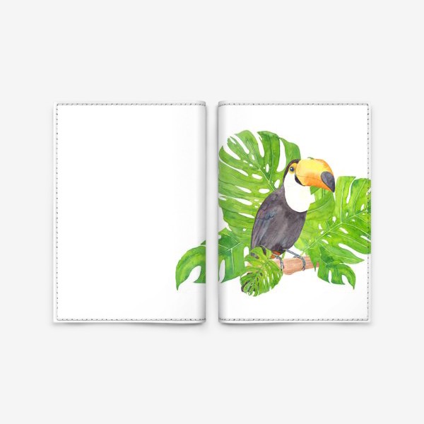 Обложка для паспорта «Птица тукан среди листьев монстеры. Тропический акварельный летний принт с попугаем на белом фоне»