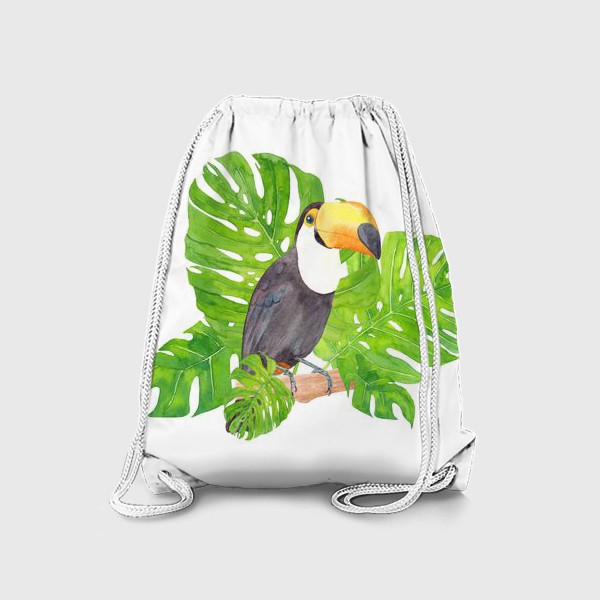 Рюкзак «Птица тукан среди листьев монстеры. Тропический акварельный летний принт с попугаем на белом фоне»