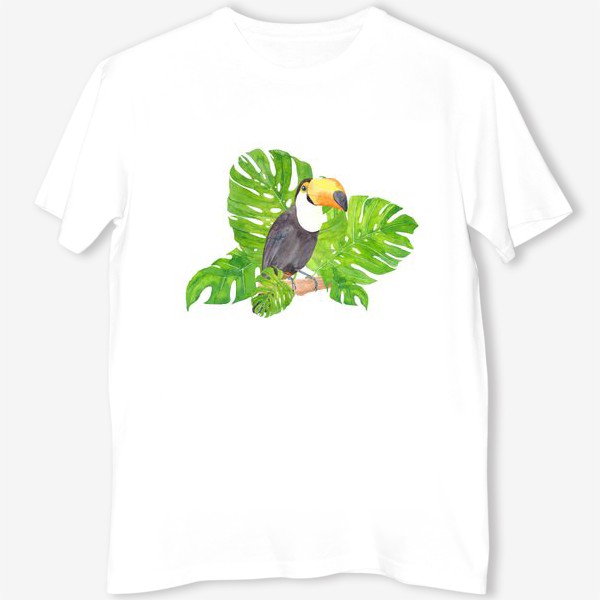 Футболка «Птица тукан среди листьев монстеры. Тропический акварельный летний принт с попугаем на белом фоне»