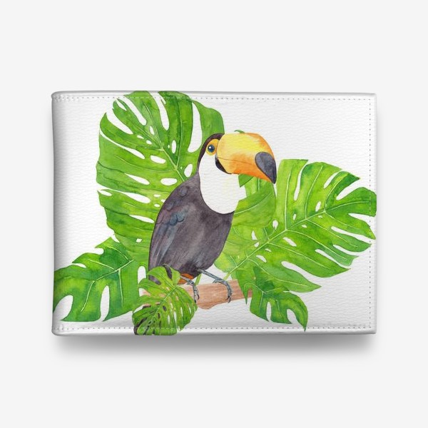 Кошелек «Птица тукан среди листьев монстеры. Тропический акварельный летний принт с попугаем на белом фоне»