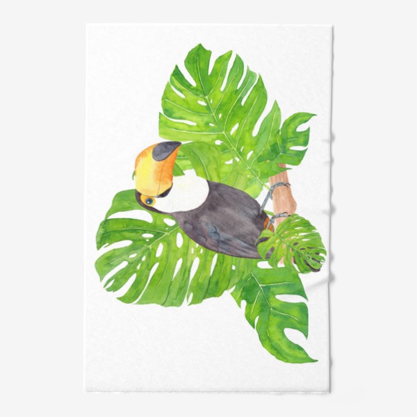 Полотенце «Птица тукан среди листьев монстеры. Тропический акварельный летний принт с попугаем на белом фоне»